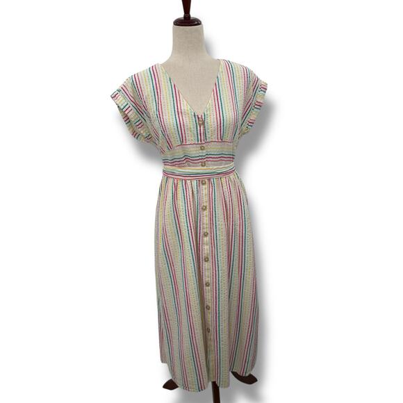 Ann Taylor Loft White Rainbow Stripe Dress Size 6P Button Front Midi Seersucker - Picture 3 of 7